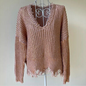 Elan shimmery pullover sweater raw edges V neck oversized rose gold size S